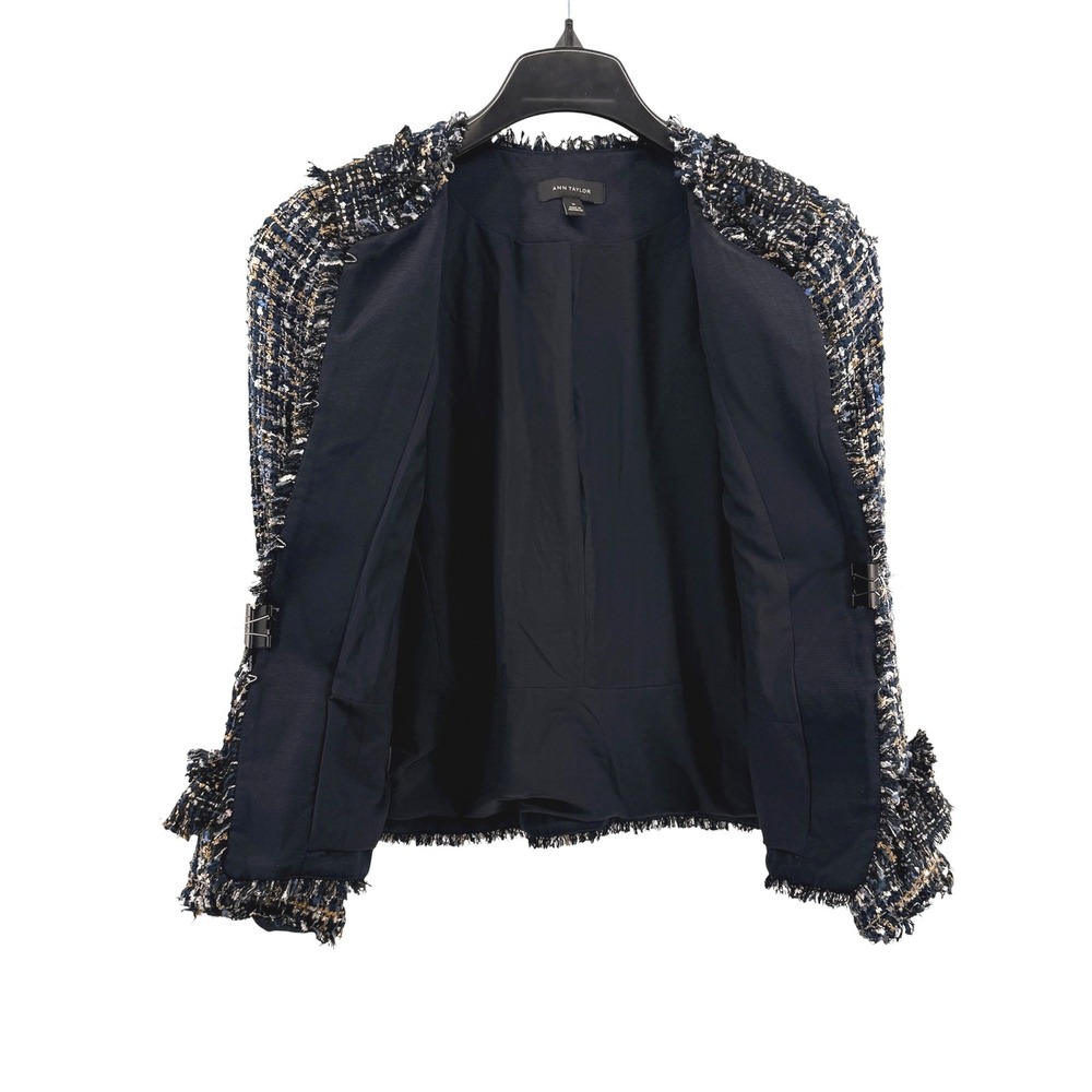 Ann Taylor Tweed Jacket Womens 10 Pre-Opened Blazer Navy Ruffle Fringe Trim Open - Picture 4 of 13